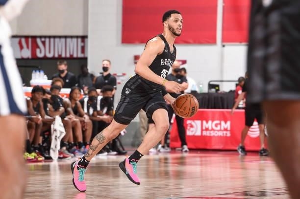 Quinndary Weatherspoon of the Brooklyn Nets handles the ball during the 2021 Las Vegas Summer League on August 9, 2021 at the Cox Pavilion in Las...
