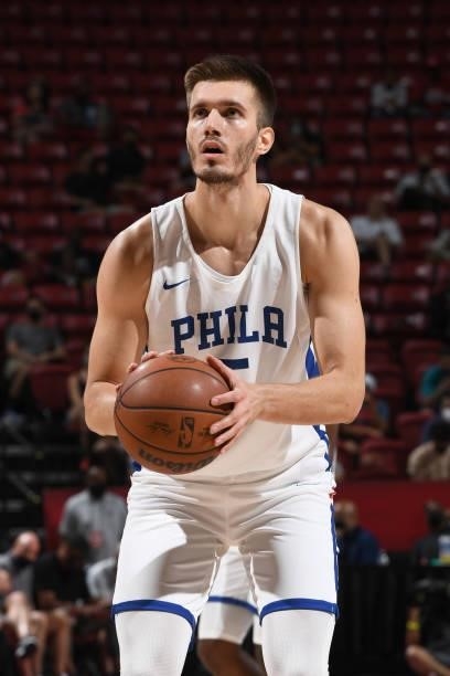 Filip Petrusev of the Philadelphia 76ers shoots a free throw during the game against the Dallas Mavericks during the 2021 Las Vegas Summer League on...