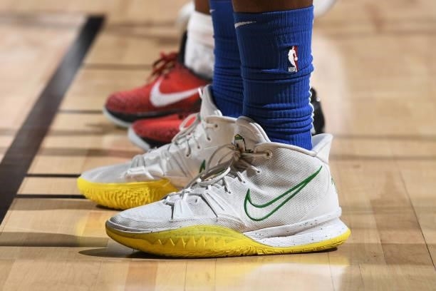The sneakers of Eugene Omoruyi of the Dallas Mavericks during the game against the Philadelphia 76ers during the 2021 Las Vegas Summer League on...