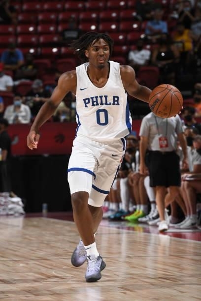 Tyrese Maxey of the Philadelphia 76ers dribbles the ball during the game against the Dallas Mavericks during the 2021 Las Vegas Summer League on...