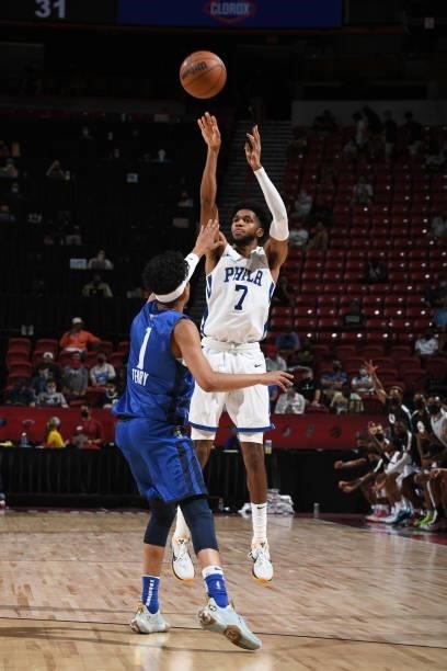 Isaiah Joe of the Philadelphia 76ers shoots a three point basket during the game against the Dallas Mavericks during the 2021 Las Vegas Summer League...