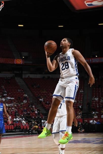 Daishen Nix of the Philadelphia 76ers shoots the ball during the game against the Dallas Mavericks during the 2021 Las Vegas Summer League on August...
