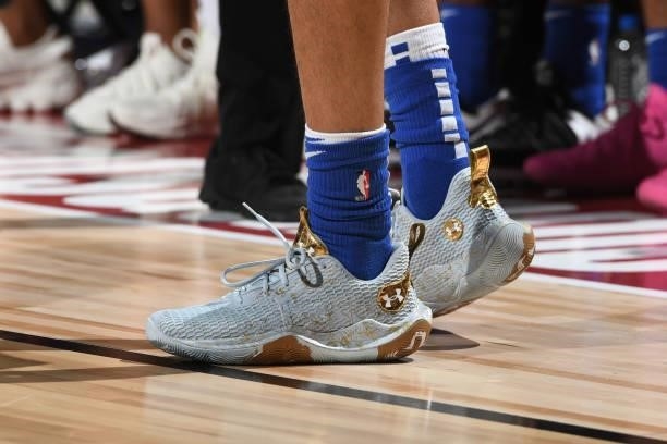 The sneakers of Tyrell Terry of the Dallas Mavericks during the game against the Philadelphia 76ers during the 2021 Las Vegas Summer League on August...