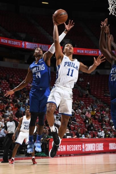 Jaden Springer of the Philadelphia 76ers drives to the basket during the game against the Dallas Mavericks during the 2021 Las Vegas Summer League on...