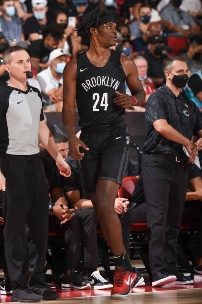 Alize Johnson of the Brooklyn Nets looks on during the 2021 Las Vegas Summer League on August 9, 2021 at the Cox Pavilion in Las Vegas, Nevada. NOTE...