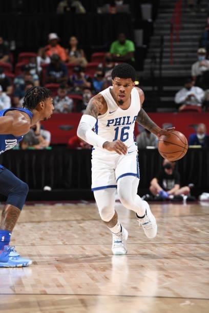 Lamar Peters of the Philadelphia 76ers dribbles the ball during the game against the Dallas Mavericks during the 2021 Las Vegas Summer League on...