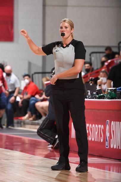 Referee Angel Kent looks on during the game between the New Orleans Pelicans and Chicago Bulls during the 2021 Las Vegas Summer League on August 9,...