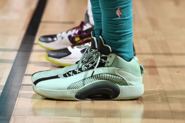The sneakers of Nick Richards of the Charlotte Hornets during the game against the Sacramento Kings during the 2021 Las Vegas Summer League on August...
