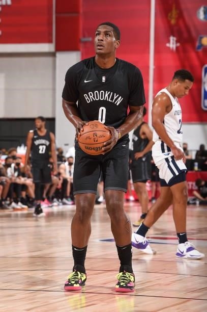 Reggie Perry of the Brooklyn Nets shoots a free throw during the 2021 Las Vegas Summer League on August 9, 2021 at the Cox Pavilion in Las Vegas,...
