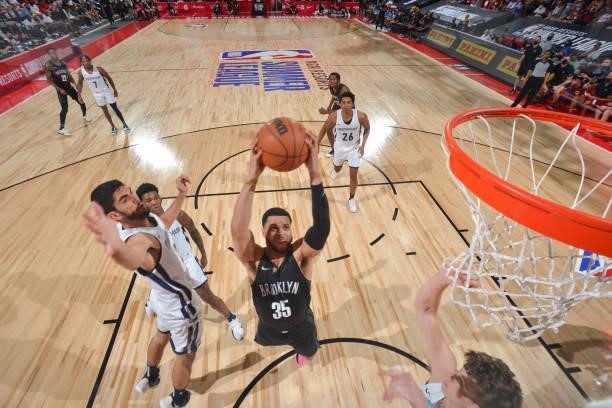 Quinndary Weatherspoon of the Brooklyn Nets drives to the basket during the 2021 Las Vegas Summer League on August 9, 2021 at the Cox Pavilion in Las...