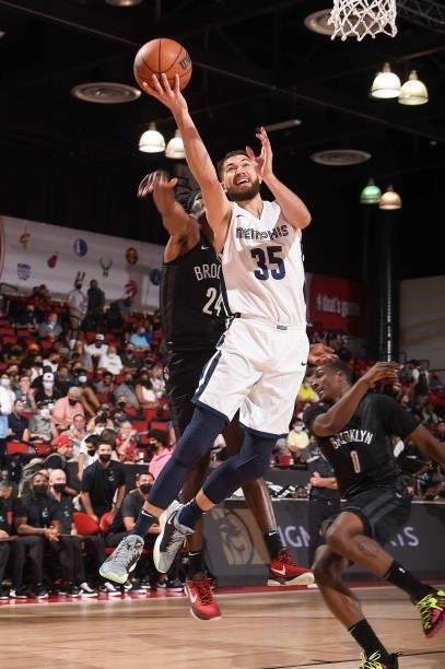 Killian Tillie of the Memphis Grizzlies drives to the basket during the 2021 Las Vegas Summer League on August 9, 2021 at the Cox Pavilion in Las...