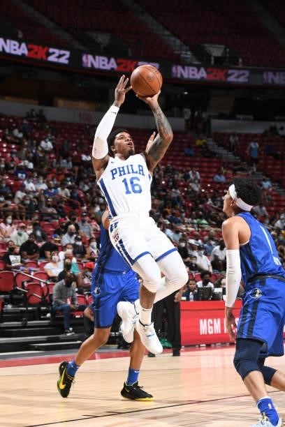 Lamar Peters of the Philadelphia 76ers shoots the ball during the game against the Dallas Mavericks during the 2021 Las Vegas Summer League on August...