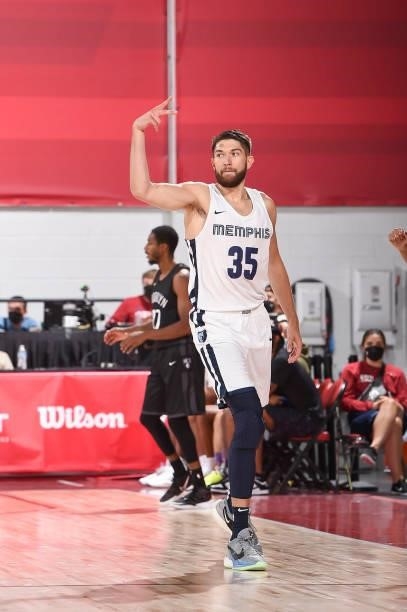 Killian Tillie of the Memphis Grizzlies reacts to a play during the 2021 Las Vegas Summer League on August 9, 2021 at the Cox Pavilion in Las Vegas,...