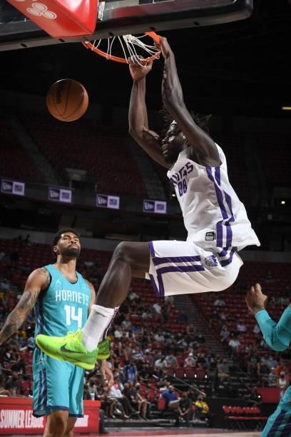 Neemias Queta of the Sacramento Kings dunks the ball during the game against the Charlotte Hornets during the 2021 Las Vegas Summer League on August...