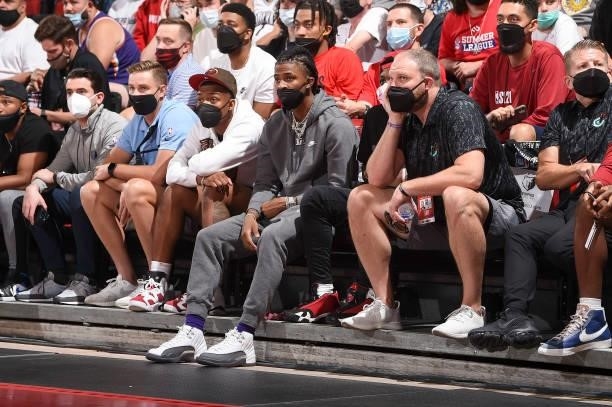 Ja Morant of the Memphis Grizzlies and Head Coach Taylor Jenkins of the Memphis Grizzlies look on during the 2021 Las Vegas Summer League on August...