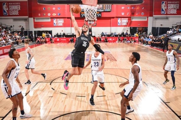 Quinndary Weatherspoon of the Brooklyn Nets dunks the ball during the game against the Memphis Grizzlies during the 2021 Las Vegas Summer League on...