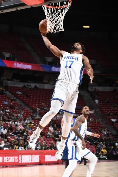 Braxton Key of the Philadelphia 76ers dunks the ball during the game against the Dallas Mavericks during the 2021 Las Vegas Summer League on August...