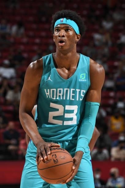Kai Jones of the Charlotte Hornets shoots a free throw during the game against the Sacramento Kings during the 2021 Las Vegas Summer League on August...