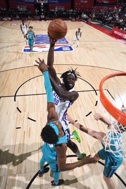 Neemias Queta of the Sacramento Kings shoots the ball during the game against the Charlotte Hornets during the 2021 Las Vegas Summer League on August...