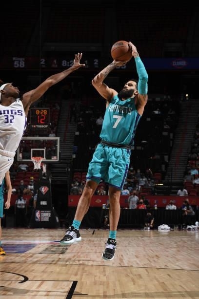 Grant Riller of the Charlotte Hornets shoots the ball during the game against the Sacramento Kings during the 2021 Las Vegas Summer League on August...