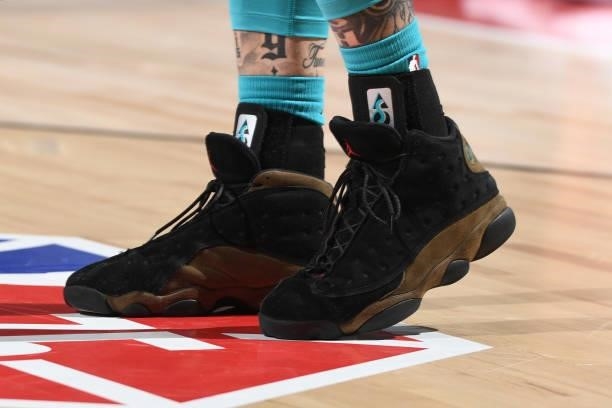 The sneakers of LiAngelo Ball of Charlotte Hornets during the game against the Sacramento Kings during the 2021 Las Vegas Summer League on August 9,...