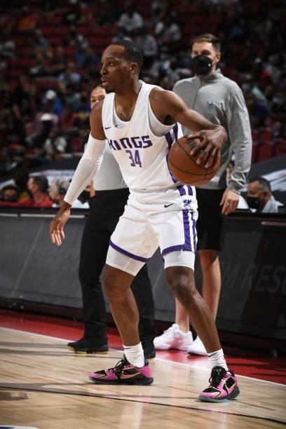 Matt Coleman of the Sacramento Kings dribbles the ball during the game against the Charlotte Hornets during the 2021 Las Vegas Summer League on...
