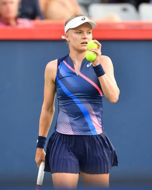 Harriet Dart of Great Britain prepares to serve during her Womens Singles first round match against Leylah Fernandez of Canada on Day One of the...