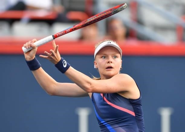 Harriet Dart of Great Britain remains focused during her Womens Singles first round match against Leylah Fernandez of Canada on Day One of the...