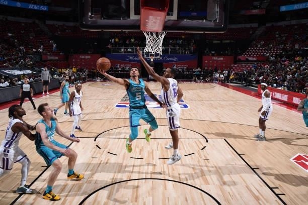 Devonte' Graham of the Charlotte Hornets shoots the ball during the game against the Sacramento Kings during the 2021 Las Vegas Summer League on...