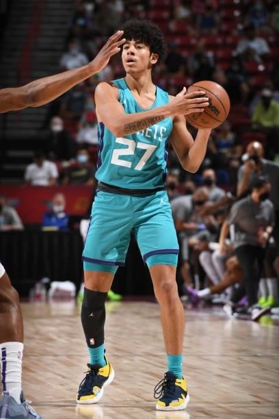 Carton of Charlotte Hornets handles the ball during the game against the Sacramento Kings during the 2021 Las Vegas Summer League on August 9, 2021...