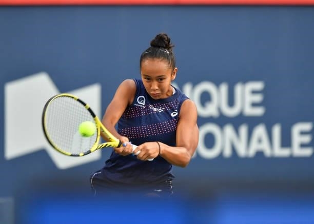 Leylah Fernandez of Canada hits a return during her Womens Singles first round match against Harriet Dart of Great Britain on Day One of the National...