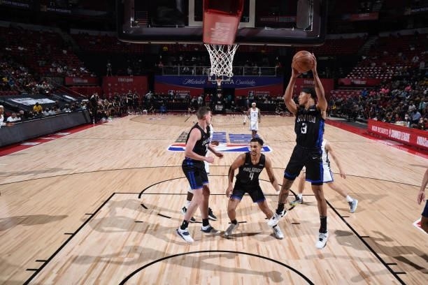 Hampton of the Orlando Magic grabs the rebound against the Golden State Warriors during the 2021 Las Vegas Summer League on August 9, 2021 at the...