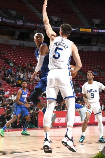 Tyrell Terry of the Dallas Mavericks passes the ball during the game against the Philadelphia 76ers during the 2021 Las Vegas Summer League on August...