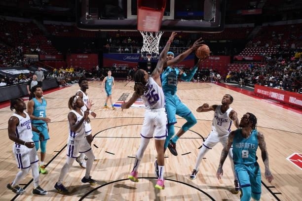 Kai Jones of the Charlotte Hornets shoots the ball during the game against the Sacramento Kings during the 2021 Las Vegas Summer League on August 9,...