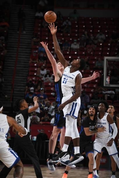 Selom Mawugbe of the Golden State Warriors jumps for the ball against the Orlando Magic during the 2021 Las Vegas Summer League on August 9, 2021 at...