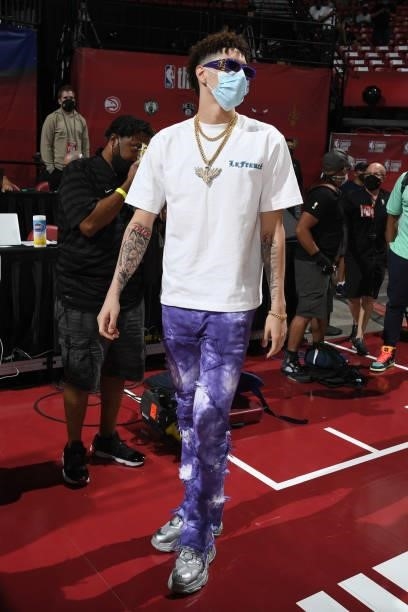 LaMelo Ball of the Charlotte Hornets attends the game between the Charlotte Hornets and the Sacramento Kings during the 2021 Las Vegas Summer League...