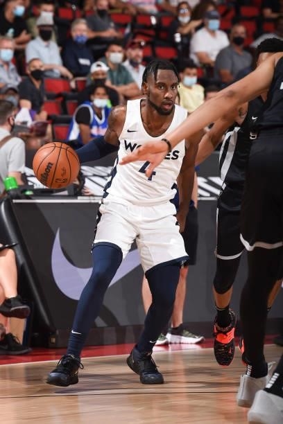 Jaylen Nowell of the Minnesota Timberwolves dribbles the ball against the San Antonio Spurs during the 2021 Las Vegas Summer League on August 9, 2021...