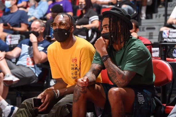Josh Okogie and D'Angelo Russell of the Minnesota Timberwolves look on during the 2021 Las Vegas Summer League game between the San Antonio Spurs and...