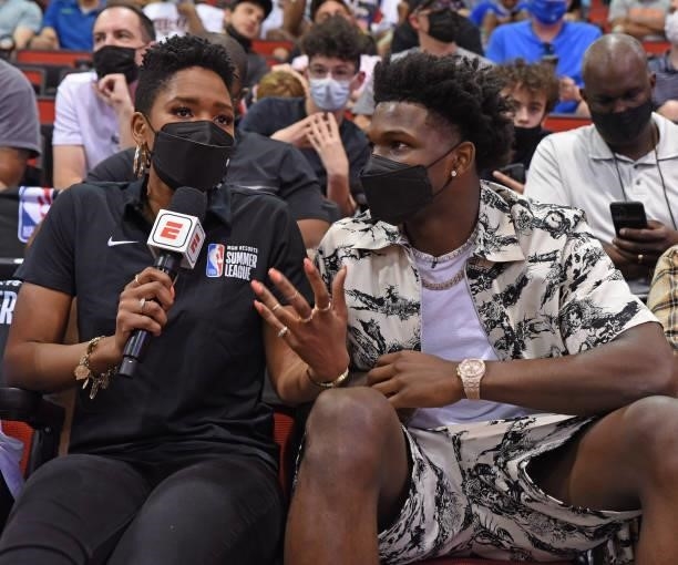Reporter, Monica McNutt interviews Anthony Edwards of the Minnesota Timberwolves during Day 2 of the 2021 Las Vegas Summer League on August 9, 2021...