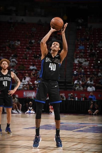 Jeff Dowtin of the Orlando Magic shoots the ball against the Golden State Warriors during the 2021 Las Vegas Summer League on August 9, 2021 at the...