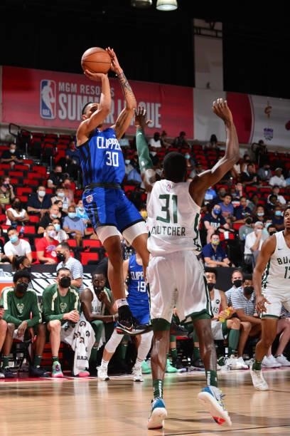Brandon Boston Jr. #30 of the LA Clippers shoots the ball against the Milwaukee Bucks during the 2021 Las Vegas Summer League on August 9, 2021 at...