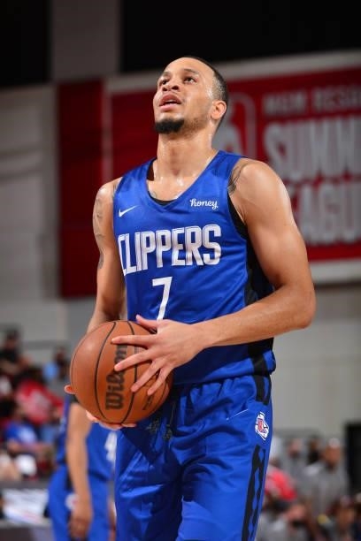 Amir Coffey of the LA Clippers looks to shoots a free throw against the Milwaukee Bucks during the 2021 Las Vegas Summer League on August 9, 2021 at...