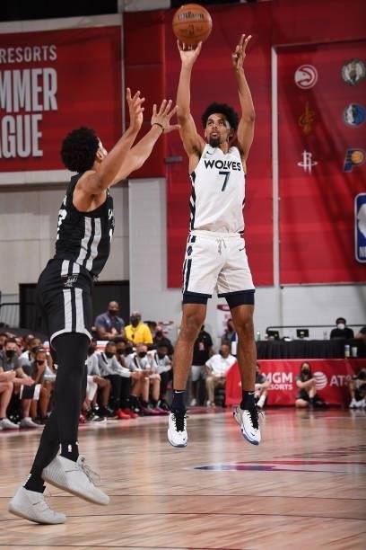 Brian Bowen II of the Minnesota Timberwolves shoots the ball against the San Antonio Spurs during the 2021 Las Vegas Summer League on August 9, 2021...
