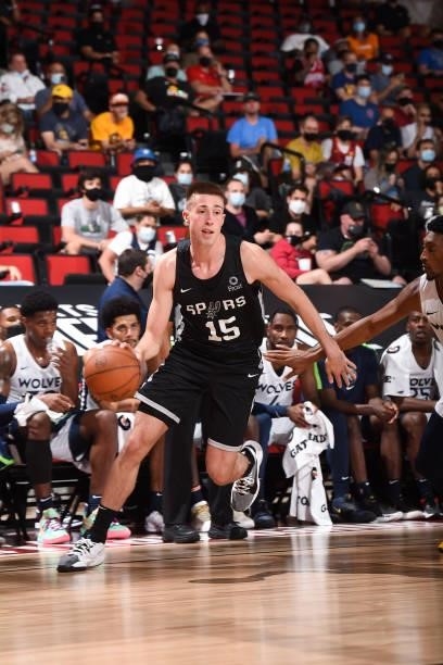 Joe Wieskamp of the San Antonio Spurs drives to the basket against the Minnesota Timberwolves during the 2021 Las Vegas Summer League on August 9,...