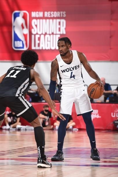 Jaylen Nowell of the Minnesota Timberwolves dribbles the ball against the San Antonio Spurs during the 2021 Las Vegas Summer League on August 9, 2021...
