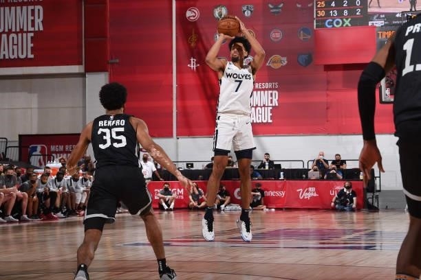 Brian Bowen II of the Minnesota Timberwolves shoots a three point basket against the San Antonio Spurs during the 2021 Las Vegas Summer League on...