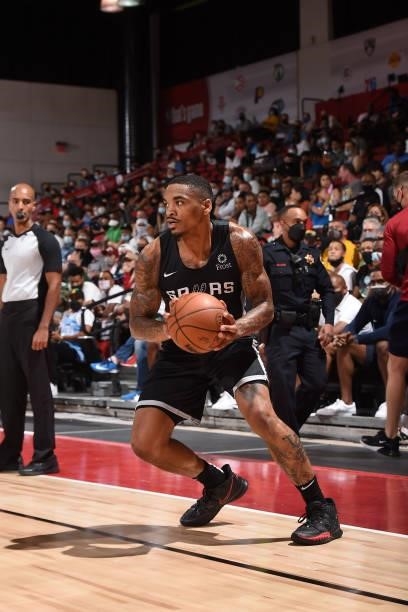 Daquan Jeffries of the San Antonio Spurs looks to shoots the ball against the Minnesota Timberwolves during the 2021 Las Vegas Summer League on...