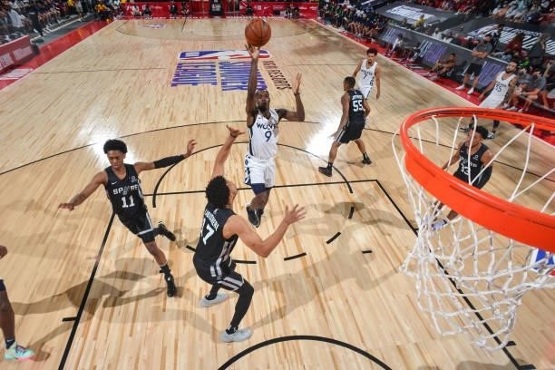 Isaiah Miller of the Minnesota Timberwolves shoots the ball against the San Antonio Spurs during the 2021 Las Vegas Summer League on August 9, 2021...