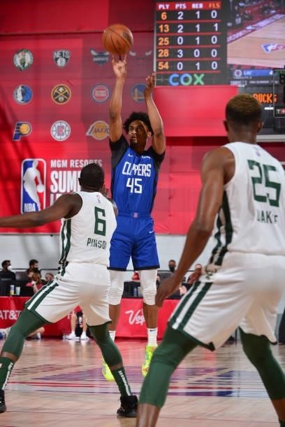 Keon Johnson of the LA Clippers shoots a three point basket against the Milwaukee Bucks during the 2021 Las Vegas Summer League on August 9, 2021 at...