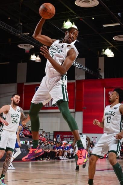 Mamadi Diakite of the Milwaukee Bucks rebounds the ball against the LA Clippers during the 2021 Las Vegas Summer League on August 9, 2021 at the Cox...